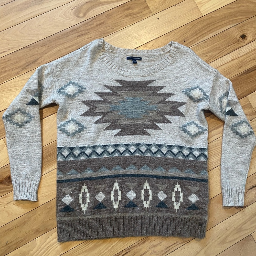 American Eagle Sweater Womens Small Aztec Tribal Knit Oatmeal Brown Wool